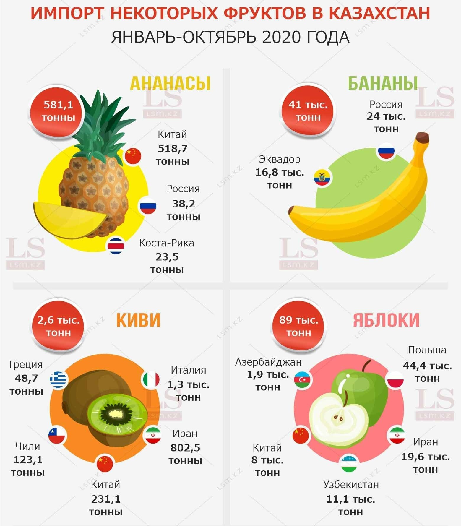 Фрукт заморский: из каких стран везут в Казахстан ананасы и киви.  Инфографика | LS